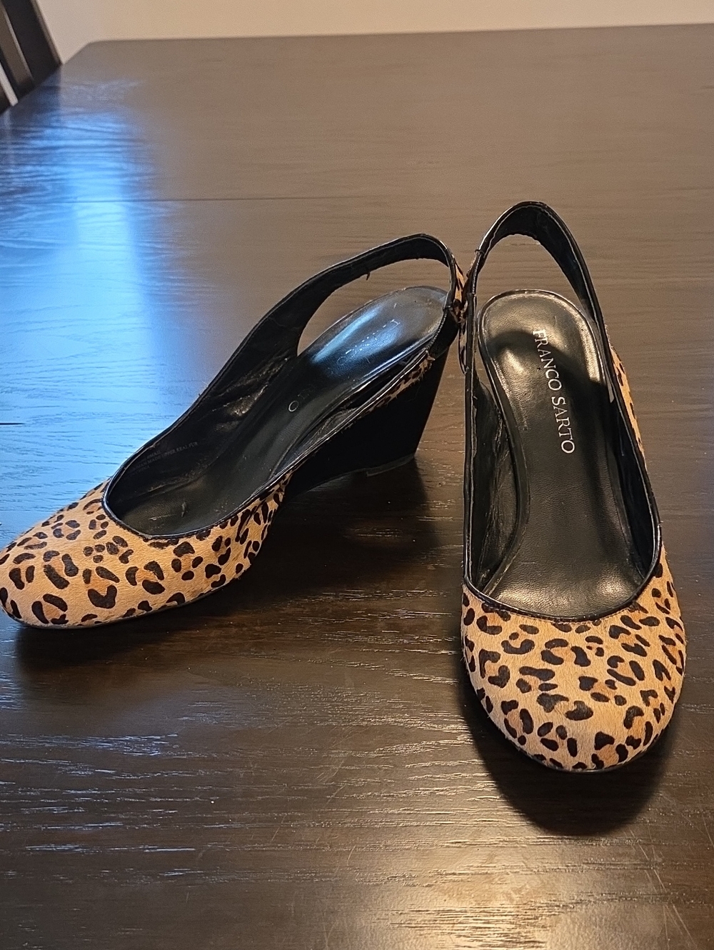 Franco Sarto Leopard Print Slingback Wedges - Tan and Black